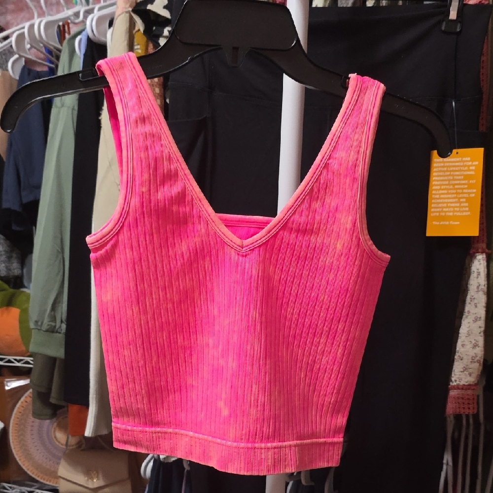 Zenana 2-Way Outfitters Neon Pink Ribbed Crop Top (Small/Medium)
